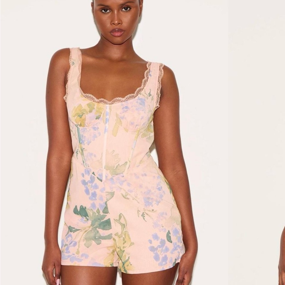 PrettyLittleThing Pastel Floral Lace-Trim Playsuit in Blush